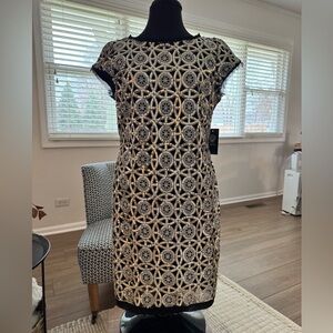 Black and Gold Sequin Patterned Cap-Sleeve Dress